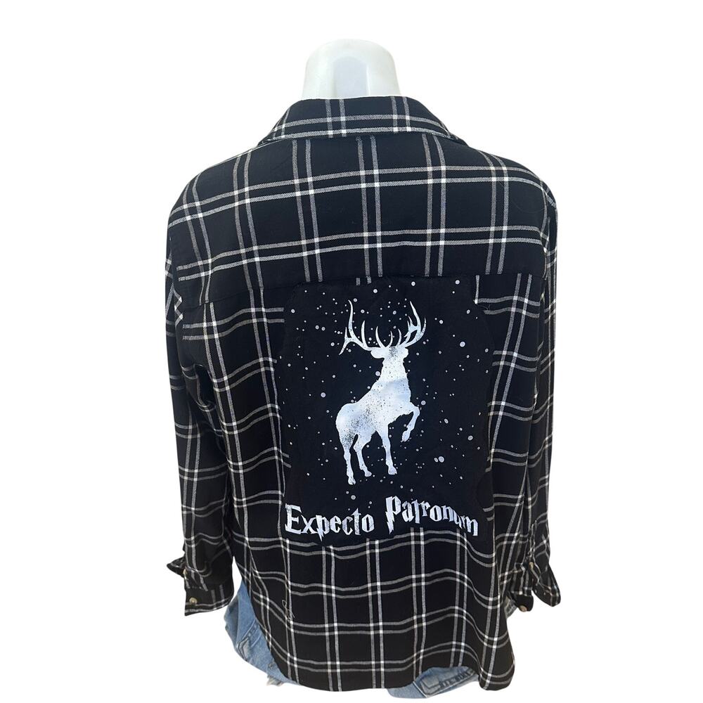 Harry Potter Flannel Plaid Shirt MEDIUM Stag Expecto Patronum Oversized Unique